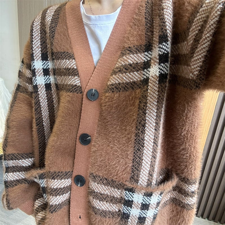 【outer】Vネックチェック柄ニットカーデ　M17929