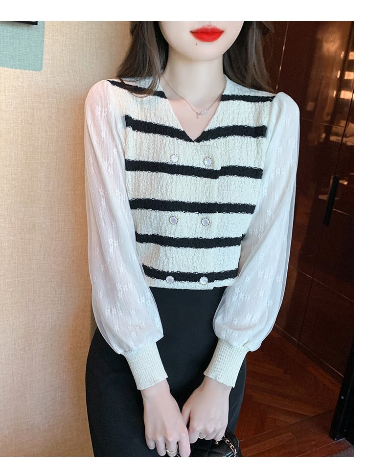 【tops】好感度UPエレガントボーダー柄切り替えトップス　M17270