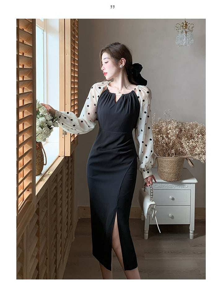 【dress】ドット柄切り替えスリットワンピース　M17714