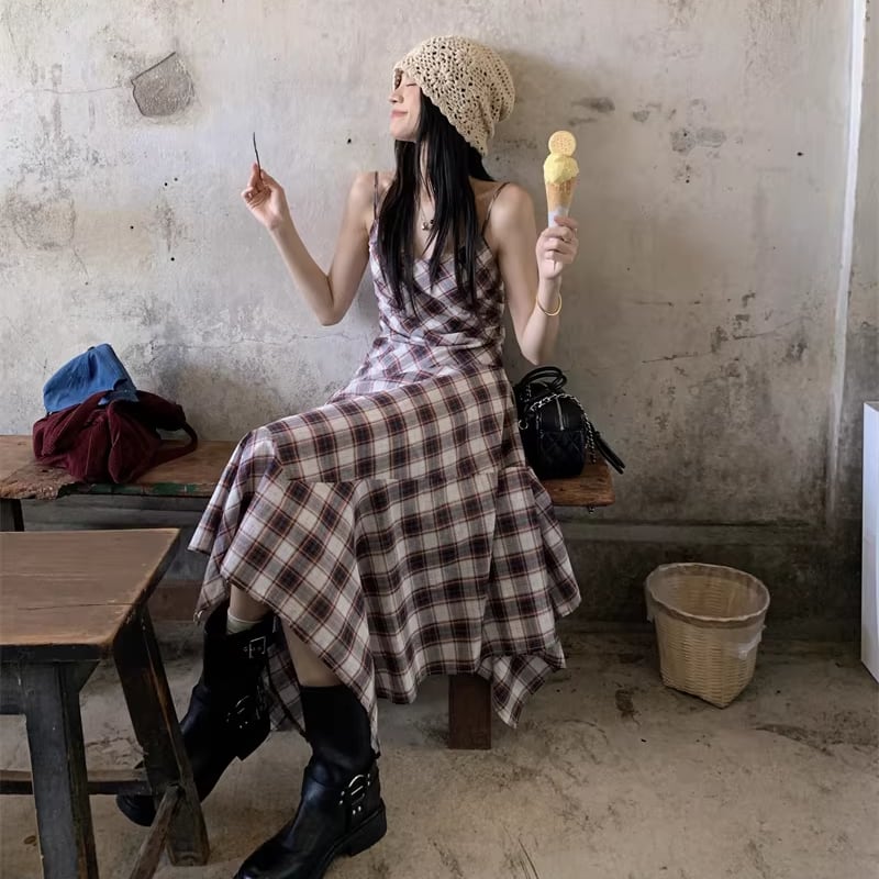 【dress】チェック柄イレヘムキャミワンピース Q8271