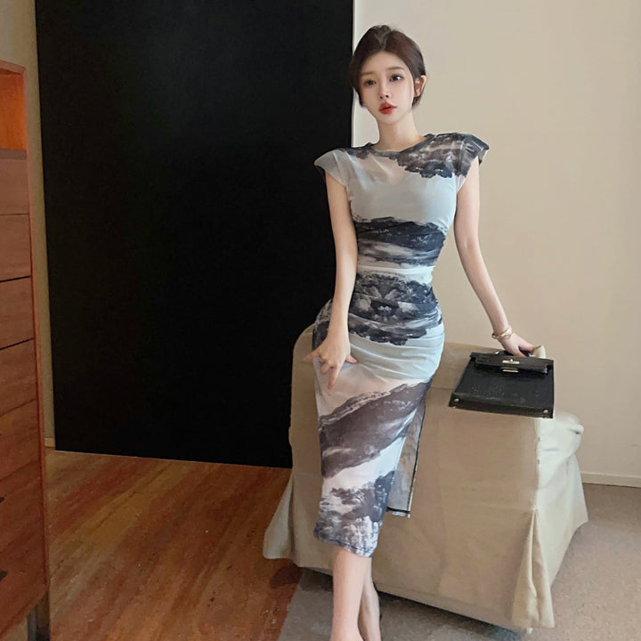 【dress】人気を独占中 プリントデートワンピース着瘦せ　M17005