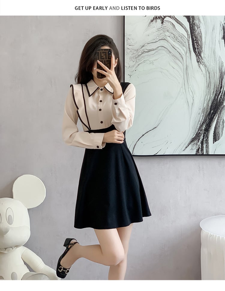 【dress】韓国系折り襟フリル切り替えデートワンピース　M17399