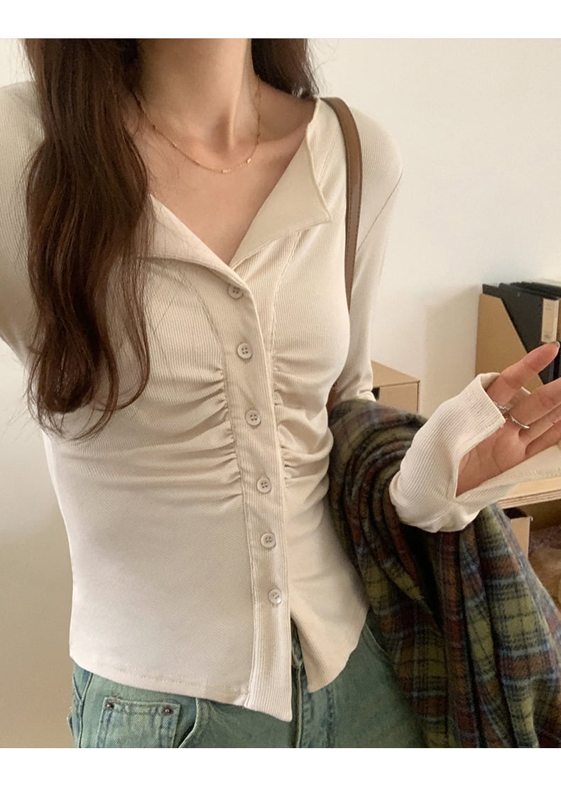 【tops】ボタンデザイン長袖Tシャツトップス　M18228
