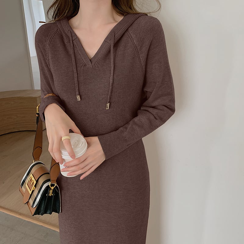 【dress】フード付きニットワンピース韓国系超人気　M17661