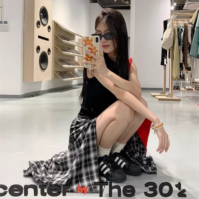 【bottoms】チェック柄イレヘムスカート Q8338