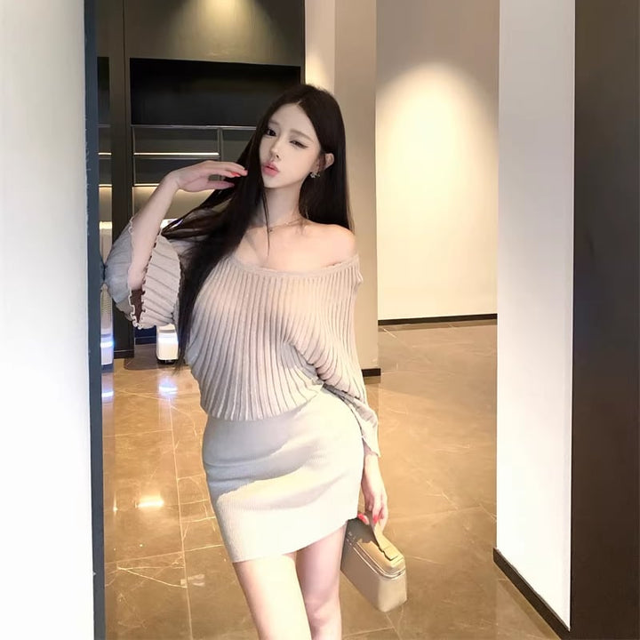 【dress】ラメ入りワンショルダーニットワンピース Q8028
