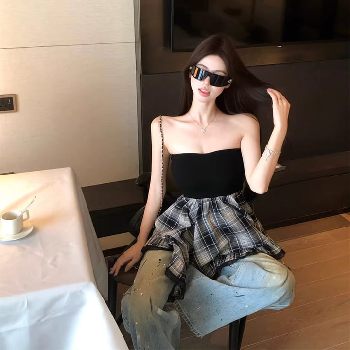 【tops】チェック柄ドッキングチューブトップス Q8349