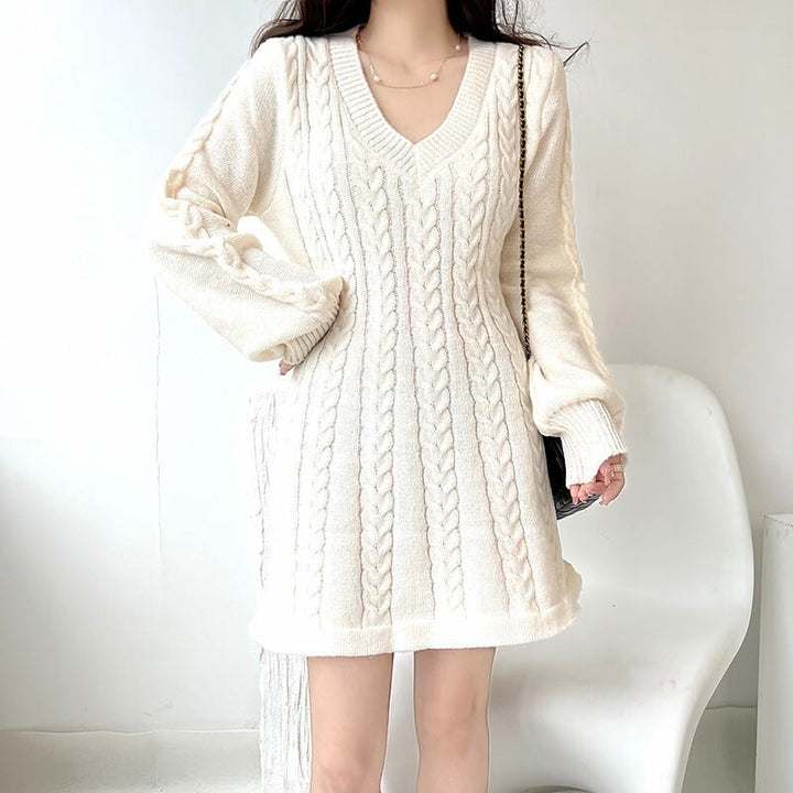 【dress】Vネック無地ニットワンピース　M17948