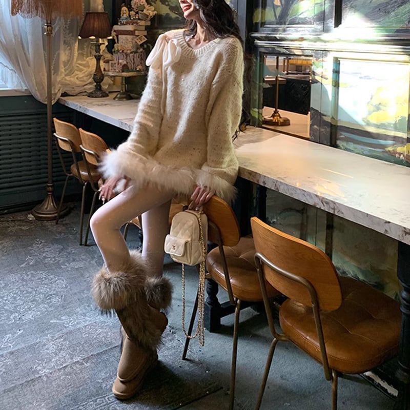 【tops】リボン付きファーニットセーター　M28845