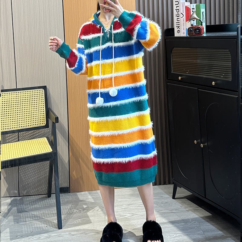 【dress】フード付きボーダー柄配色ニットワンピース　M18050