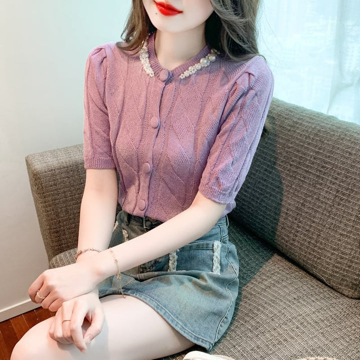 【tops】存在感 スウィートオシャレ薄手ニットトップス　M16839