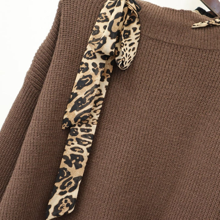 【tops】ヒョウ柄ボウタイニットトップス　M26760