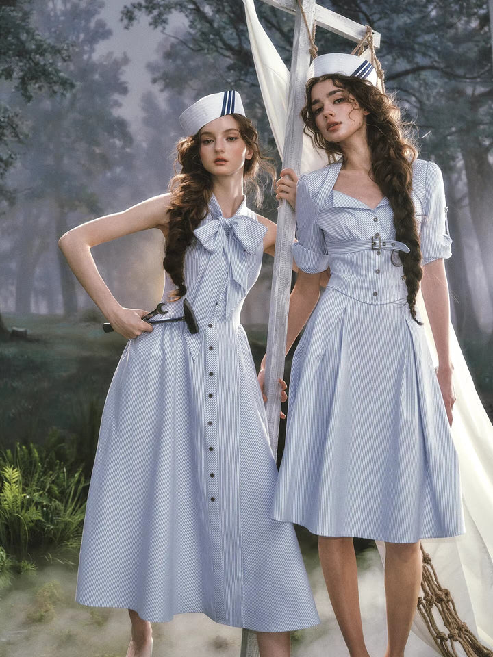 【dress】リボン付きストライプ柄ベストワンピース Q8458
