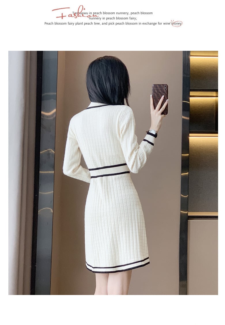 【dress】気質満点 エレガントVネックニットワンピース　M17508