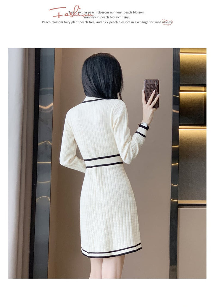 【dress】気質満点 エレガントVネックニットワンピース　M17508