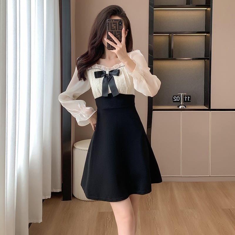 【dress】リボン付き切り替えデートワンピースオシャレ　M17575