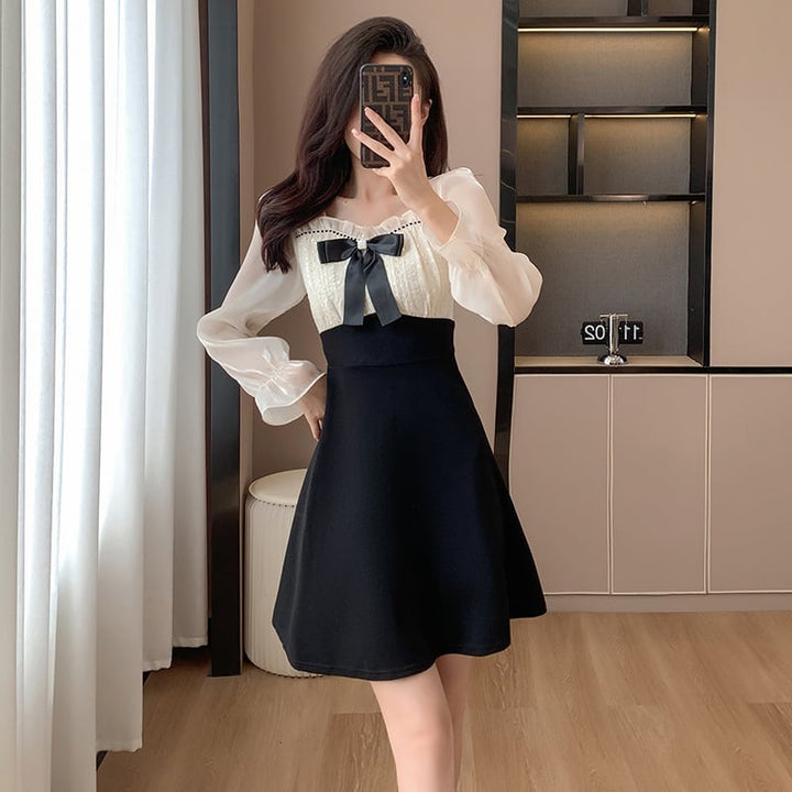 【dress】リボン付き切り替えデートワンピースオシャレ　M17575