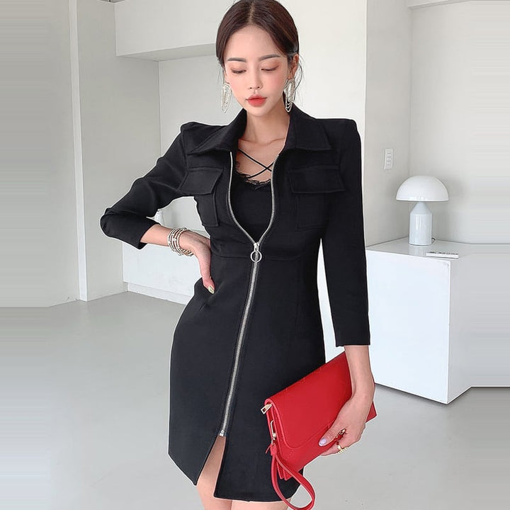【dress】ファスナー折り襟ワンピース　M18240