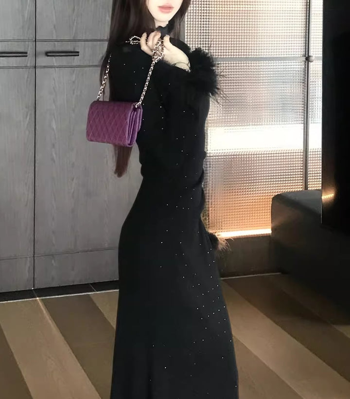 【dress】袖ファーチュールドッキングニットワンピース Q7559