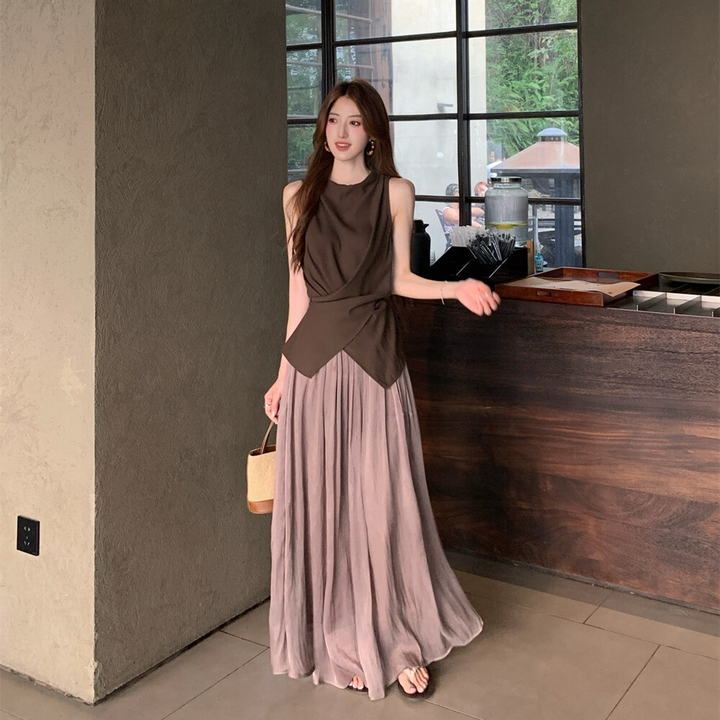 【set】バックリボントップス×ロングスカートセット     N3579