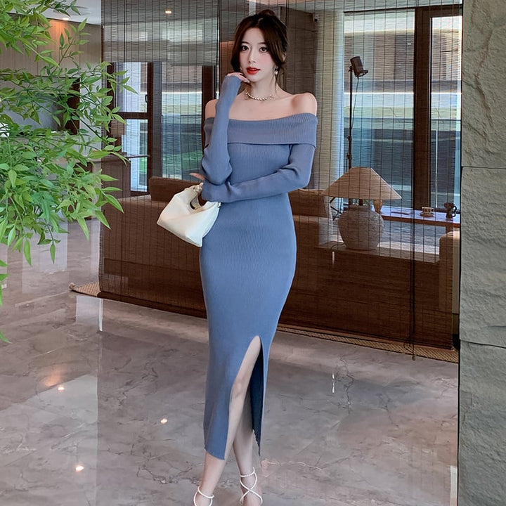 【dress】ボートネックスリットニットワンピース　M18085