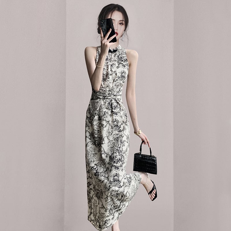 【dress】韓国系ノースリーブプリントワンピースおしゃれ　M17313