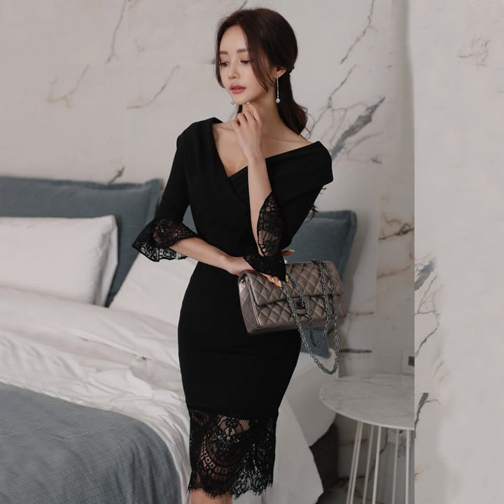 【dress】美人度アップVネックレース切り替えワンピース　M17427