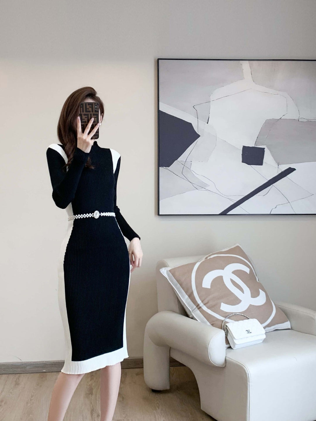 【dress】配色切り替えニットワンピースベルト付き　M17676