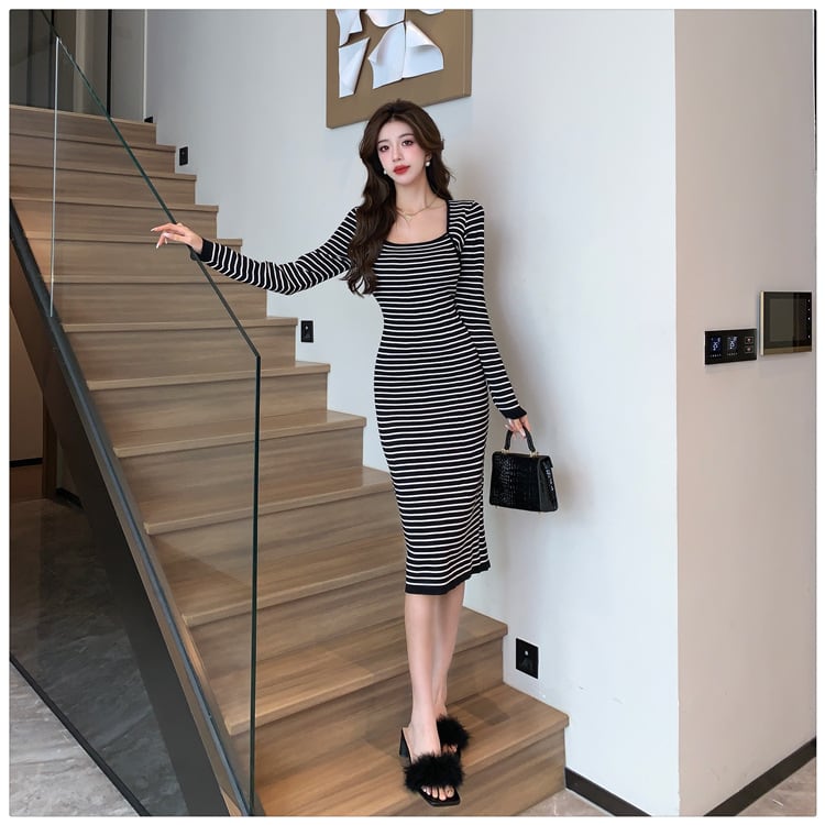 【dress】ボーダー柄ニットワンピース　M18011