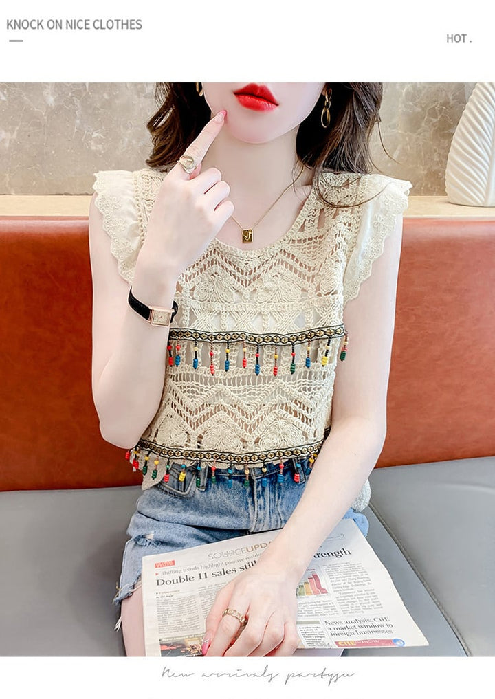 【tops】大人可愛いカットワークノースリーブトップス　M17059