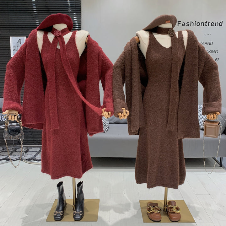 【set】立体フラワーチョーカー付キャミワンピース×カーディガンセット　N2808