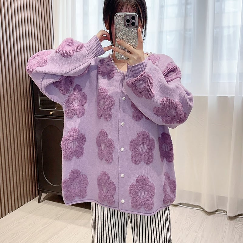 【outer】フラワーモチーフパール付きカーディガン　N2757