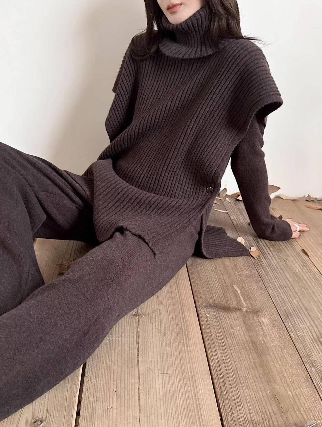 【set】ハイネックケープ×ニットトップス×ワイドパンツ3点セット Q7271