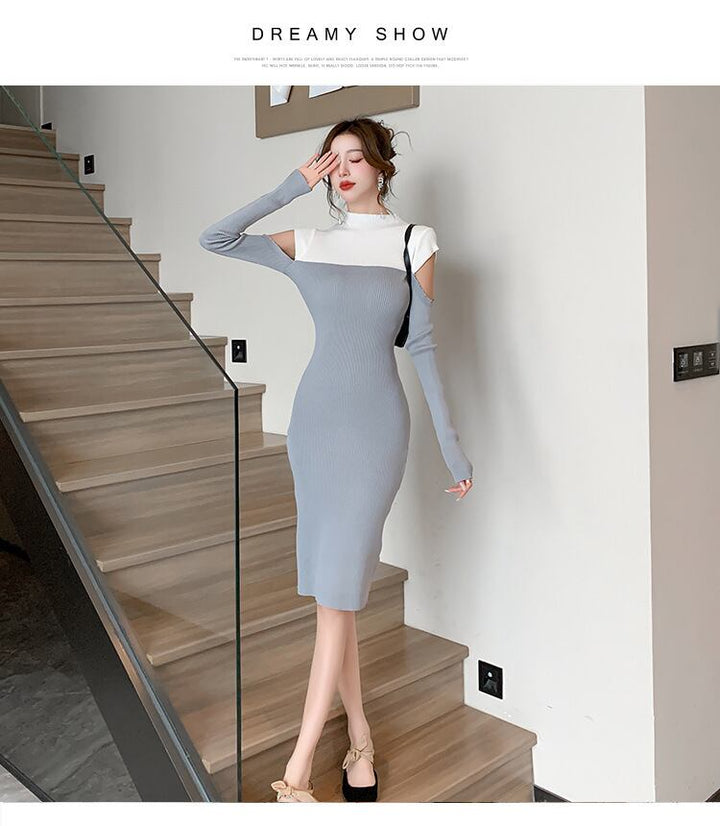 【dress】配色ドッキングオフショルダーニットワンピース　M18121