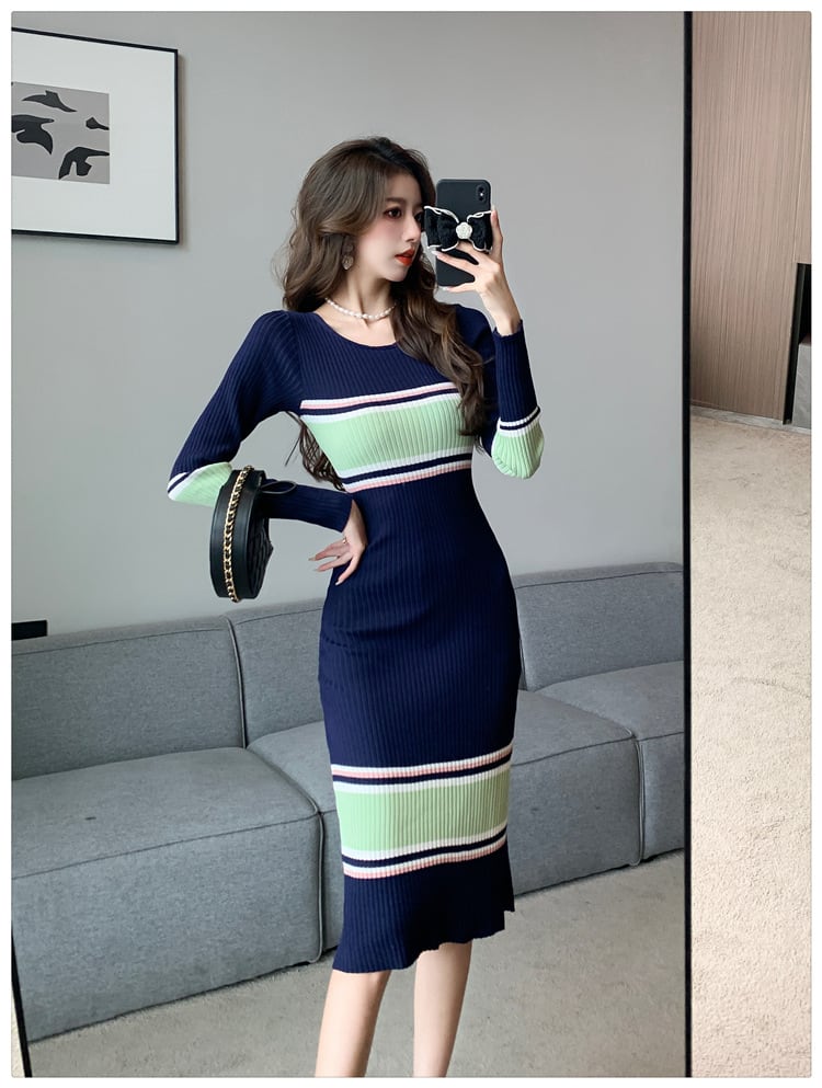 【dress】ボーダー柄配色ニットワンピース　M18172