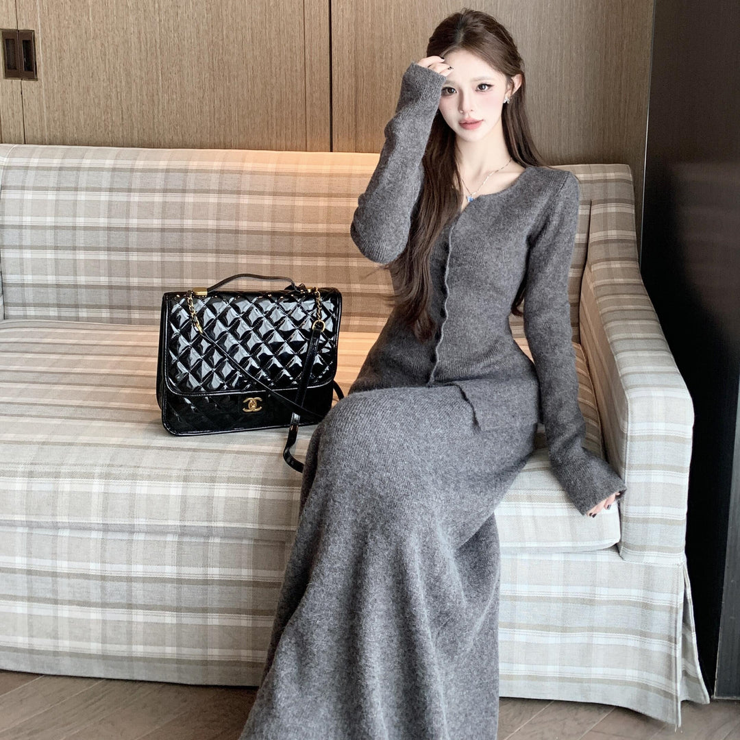 【set】Ⅴネックニットカーディガン×ロングスカートセット　N2764