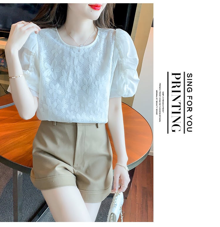 【tops】パフスリーブジャカードカットワークトップス　M17126