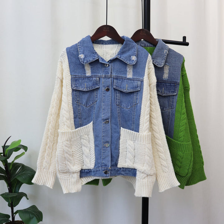 【outer】デニム切り替えニットカーデ　M18074