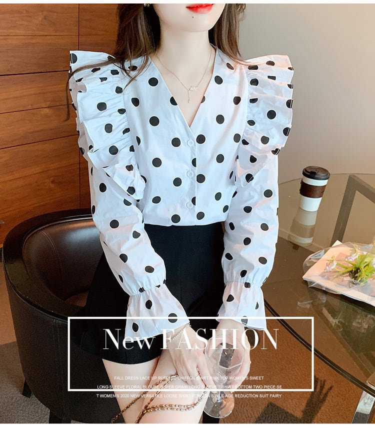 【tops】今季マストバイVネックドット柄シャツトップス　M17151