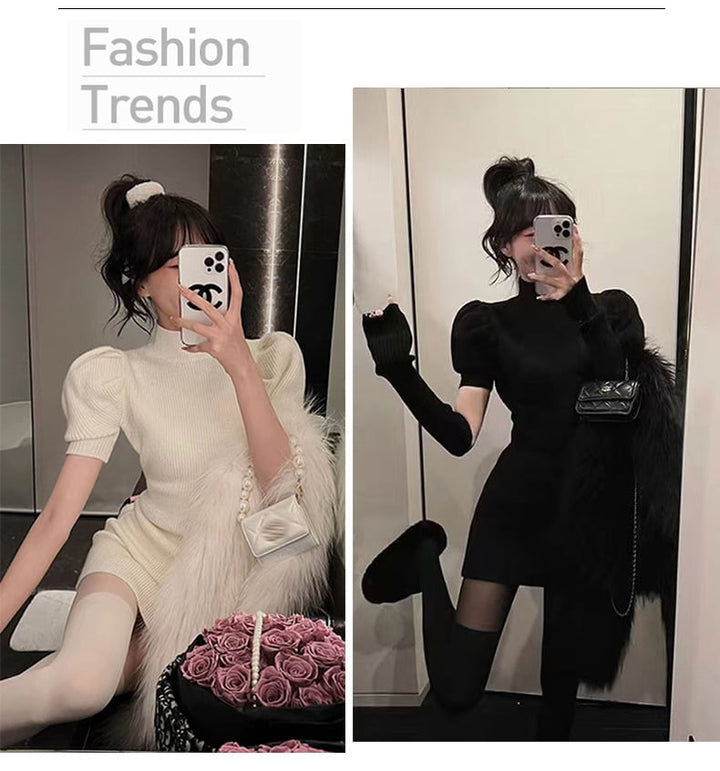 【dress】アームカバー付き無地ニットワンピース　M17718