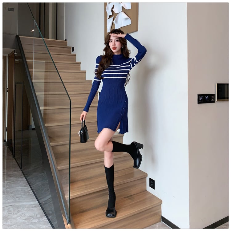 【dress】ボーダー柄スリットニットワンピース　M17966