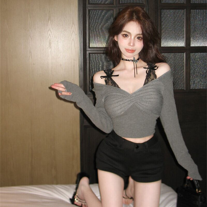 【tops】Vネックレース切り替えトップス　M27645