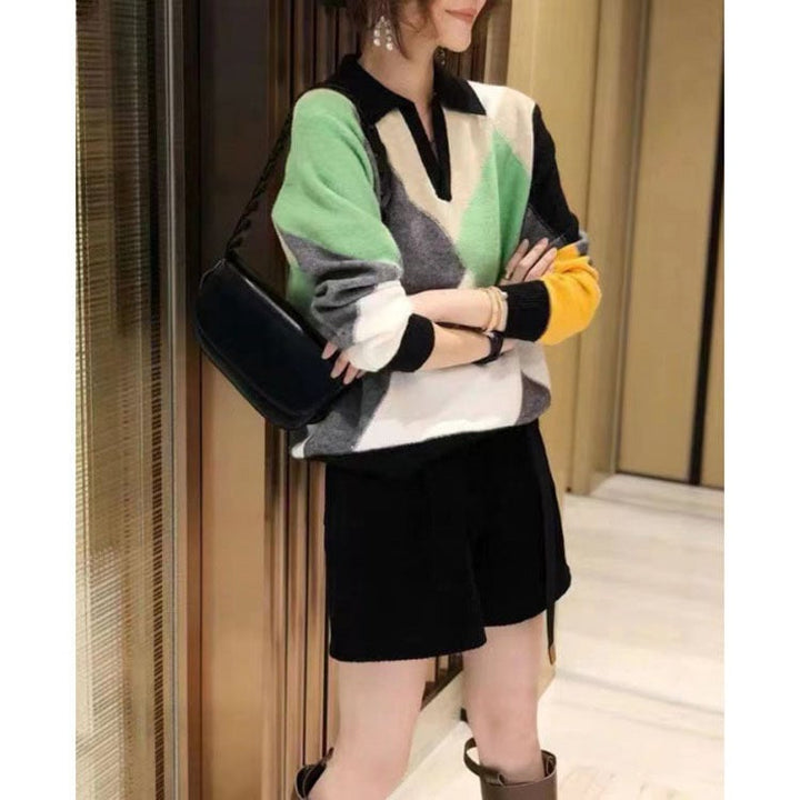 【tops】POLOネック配色ニットセーター　M18165