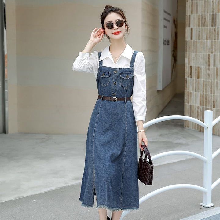 【set】シャツ×デニムサロペットワンピースベルト付きセット　M17837
