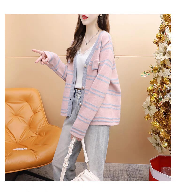 【dress】韓国系超人気ボーダー柄Vネックカーディガン　 M17553