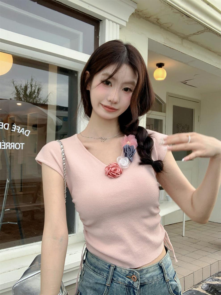 【tops】立体フラワーニットTシャツ　M24271