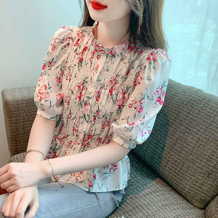 【tops】美人度アップスウィートパフスリーブ花柄トップス　M17339