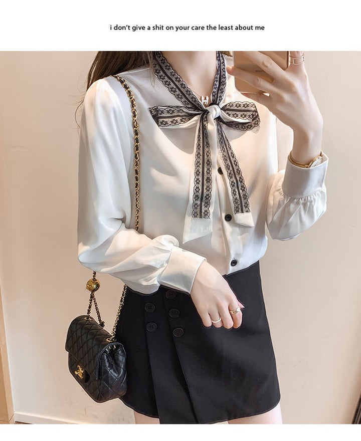 【tops】人気を独占中 リボン付きシャツトップス　M17614