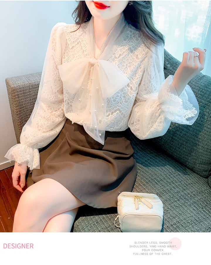 【tops】リボン付きレースシャツトップス　M18251