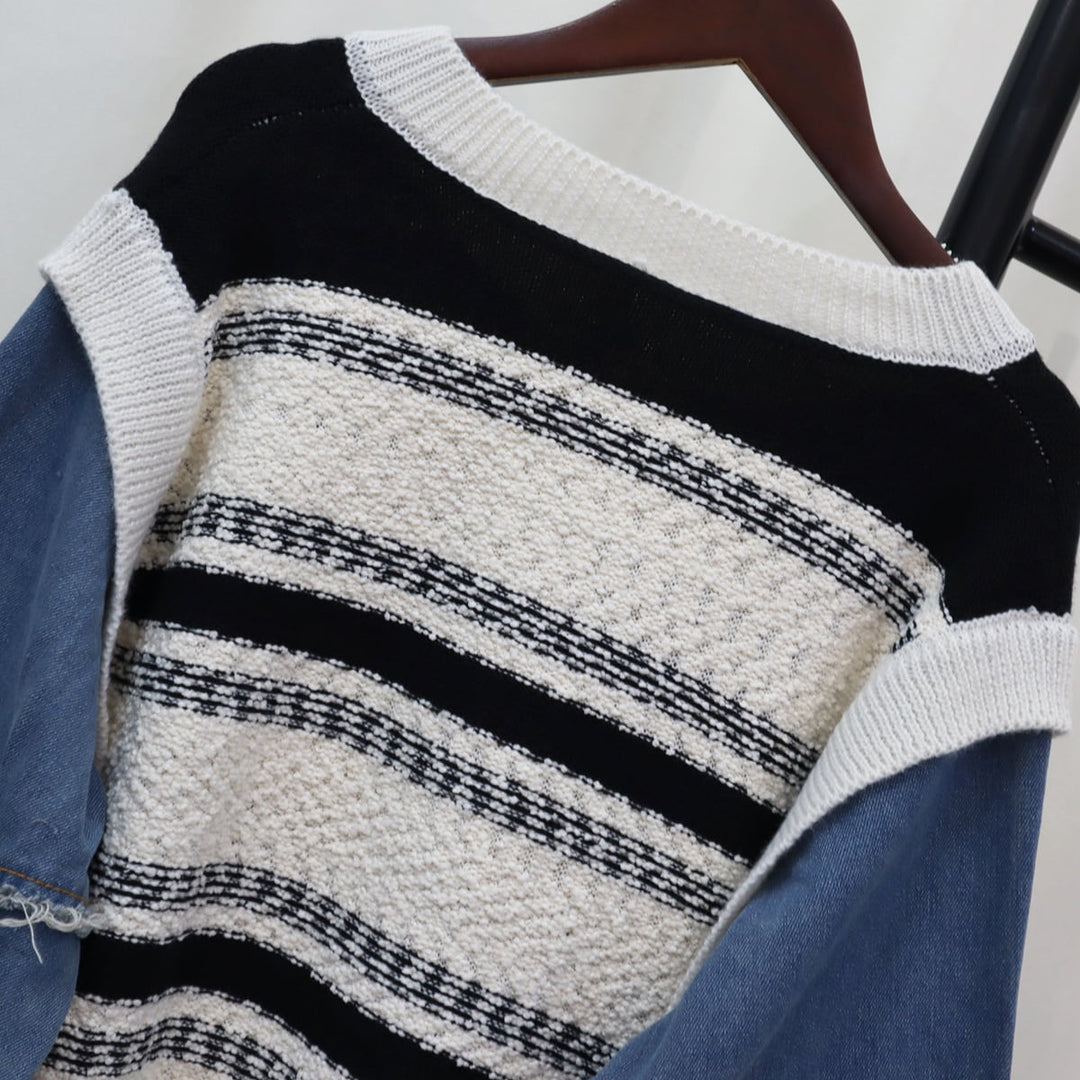 【outer】ボーダー柄ドッキングニットカーデ　M18291